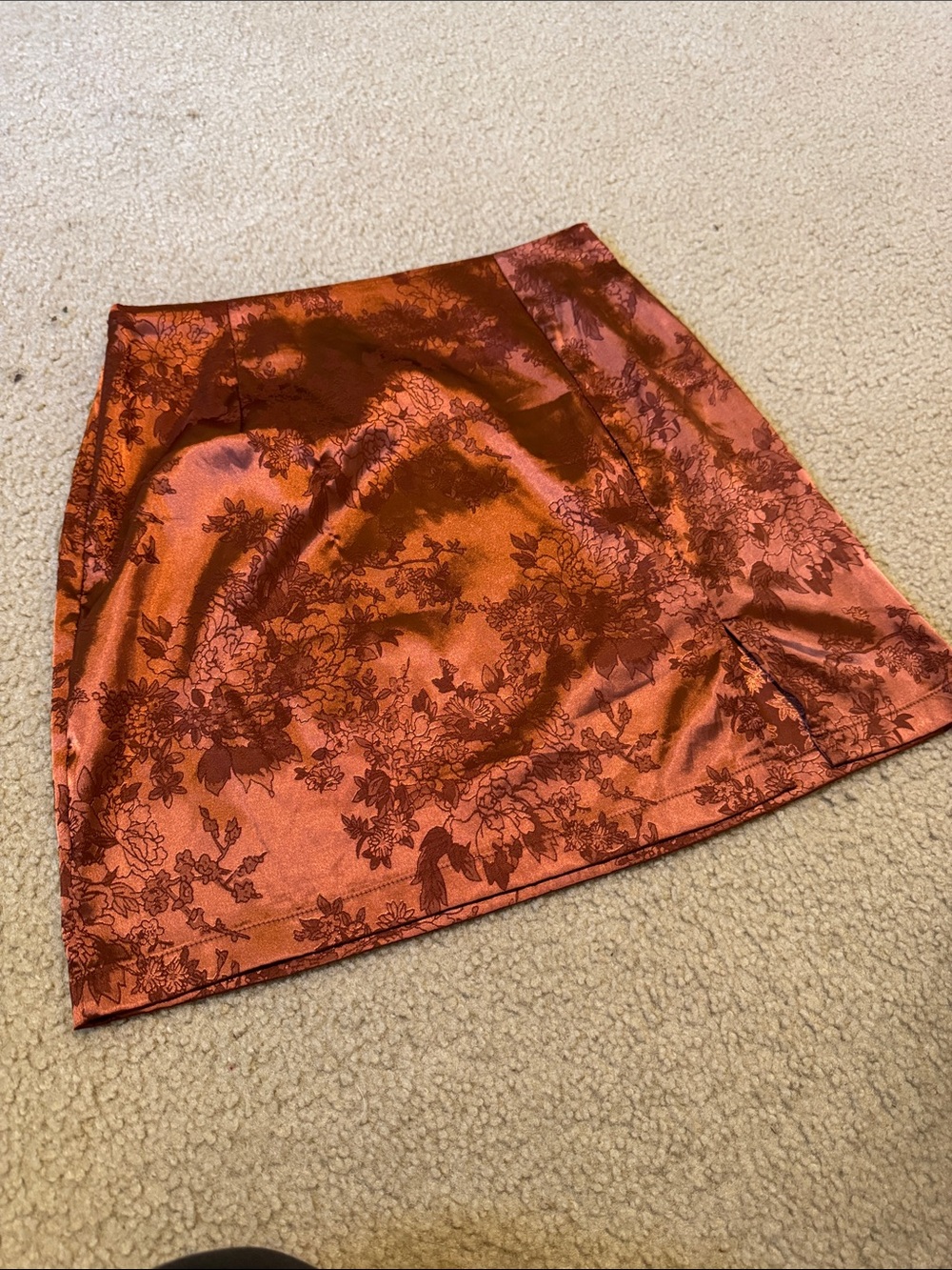 Flower embroidered silk like copper skirt